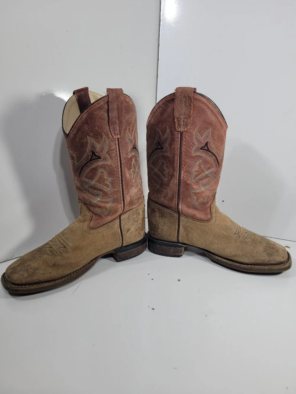 Old West BSY1912 Kids Cowboy Boots Broad Square Toe Tan Leather Youth Size 5 D
